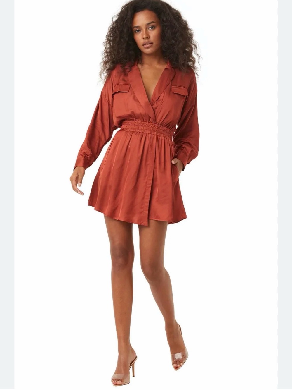Misa Los Angeles DANIELLE Burnt Orange Satin Long Sleeve Dress New Small